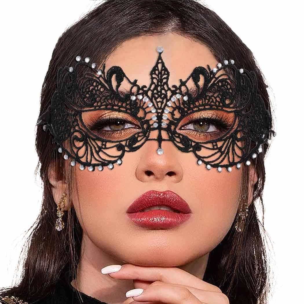 Tgirls Tgirls Lace Mask for Women Rhinestone Sexy Masquerade Masks Costume Party Lace Face Mask Halloween Eye Mask (Black)