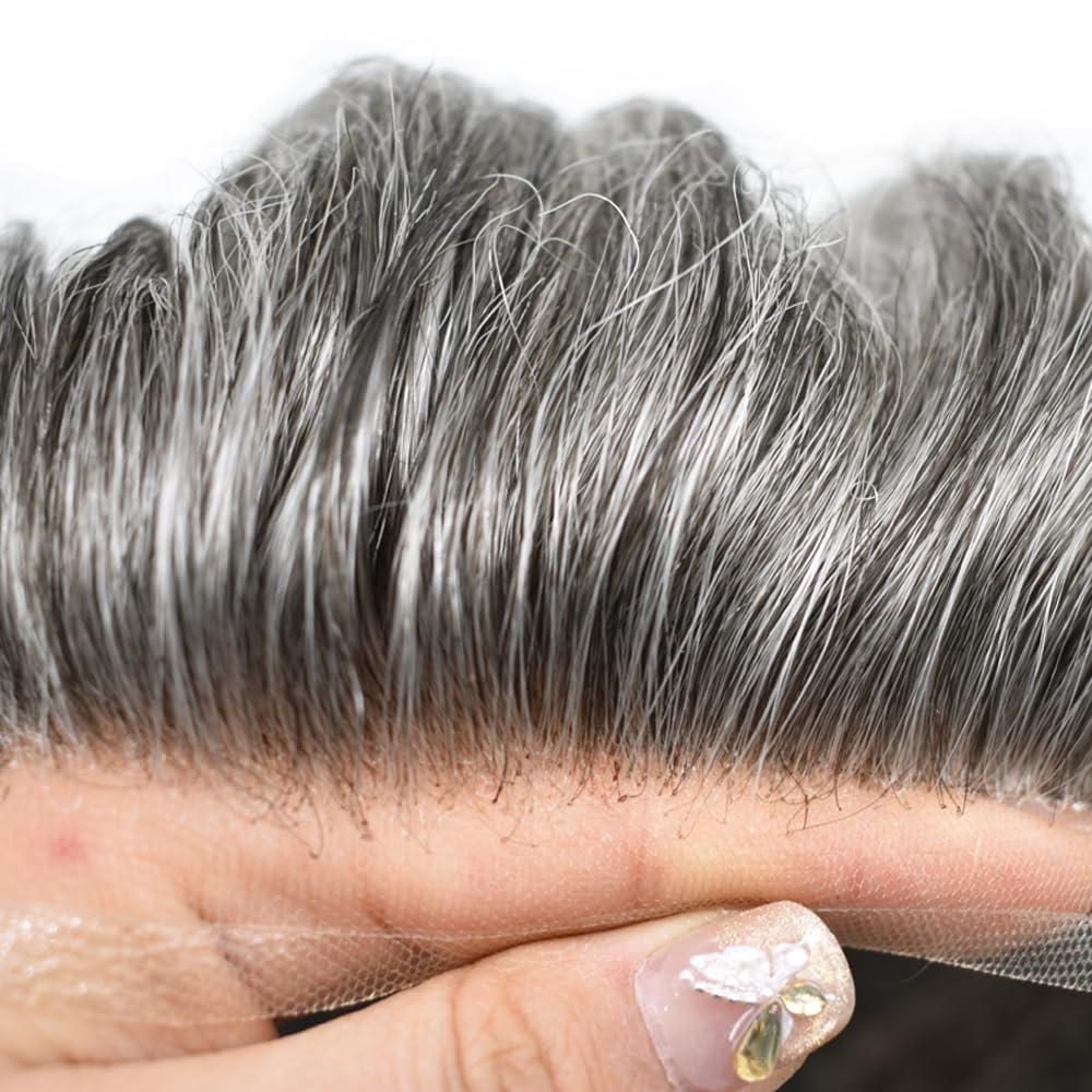 Hair Wonders Toupee For Men Real Human Hair Mens Toupee Hair Replacement System Swiss Lace Hair Piece For Men Hair System6x9\"-100% light to medium density#1B60 1B# OFF BLACK+60% GREY