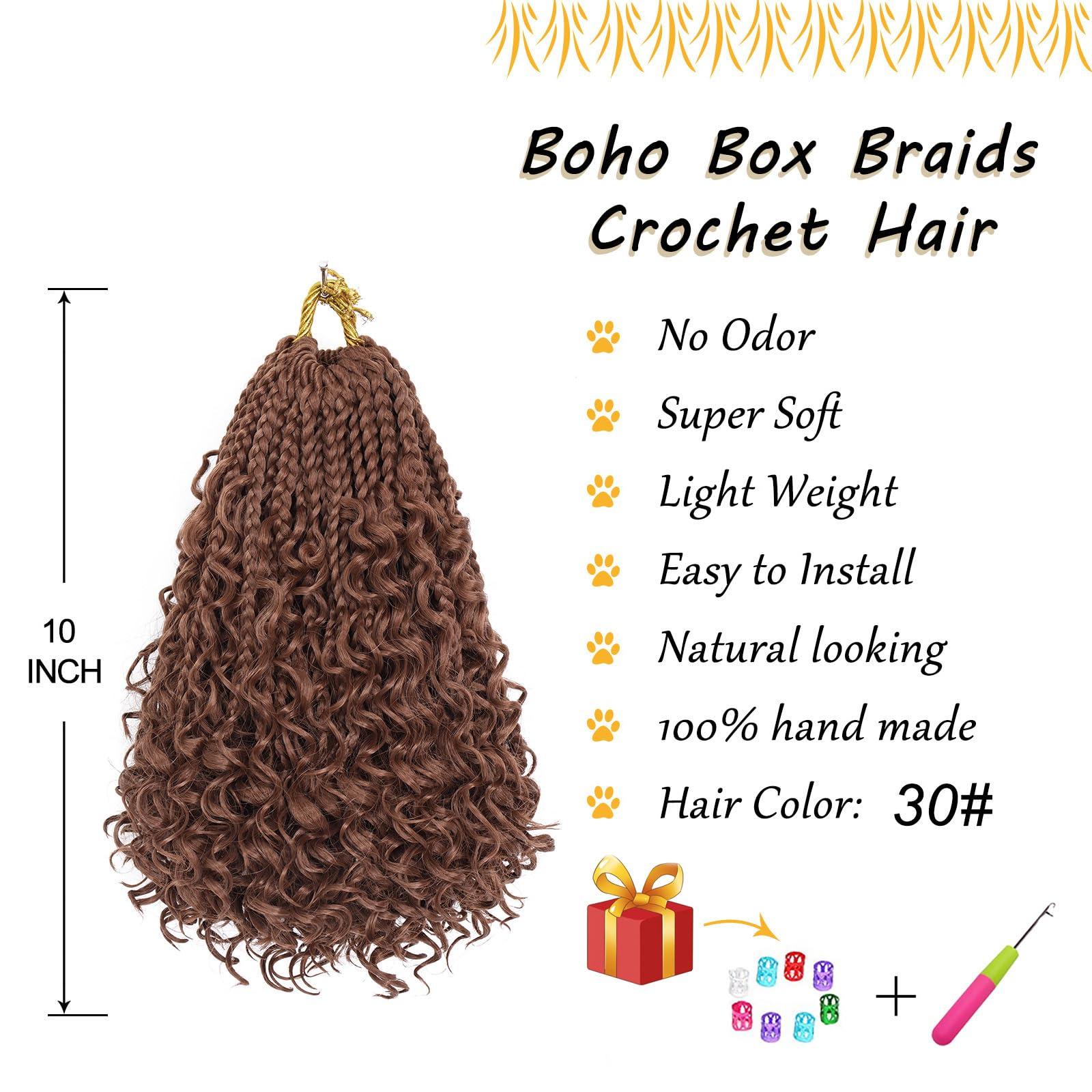 Dorsanee Boho Box Braids Crochet Hair for Women 10 Inch 7packs Goddess Box Braids with Curly Ends 3X Short Bob Crochet Braids for Kids Brown Synthetic Bohemian Braiding Hair Extensions (30#)