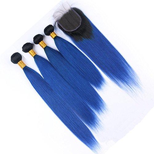 Tony beauty hair Tony Beauty Hair Dark Blue Ombre Virgin Indian Human Hair Bundles Deals 4Pcs with Lace Closure Piece 4x4 Silky Straight #1B/Blue Ombre Virgin Hair Weft Extensions 5Pcs Lot (24 26 28 30+22)