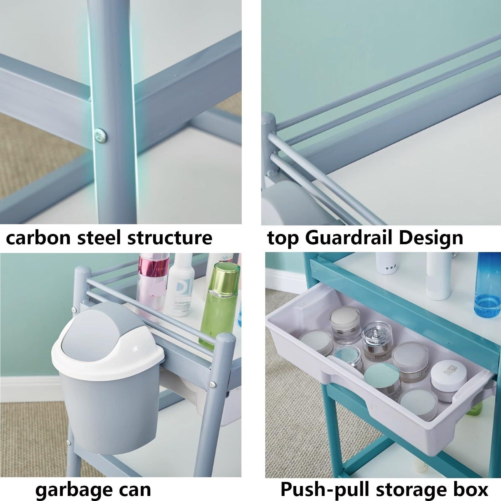 Torzk Beauty Salon Trolley Cart, 3-Tier Utility Rolling Cart with Single Drawer Mobile Salon Storage Cart with Trash Can for Spa Beauty Salon Plastic Surgery Institutions (Color : A)