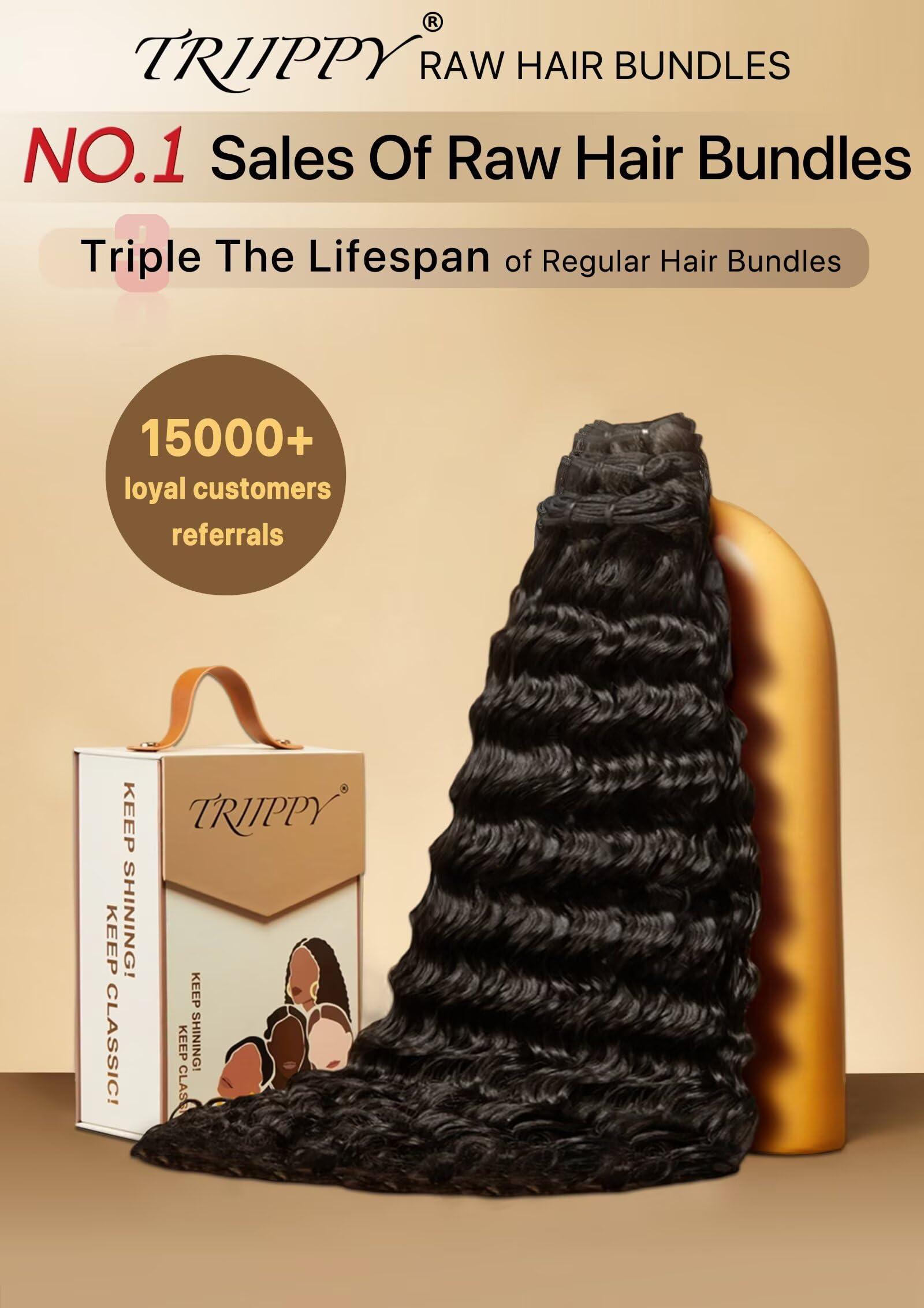 Triippy TRIIPPY Raw Human Hair Bundles,Triple Lifespan Than Regular Virgin Hair No.1 Sales Of Raw Hair Bundles,26 28 30 Inches Cambodia Raw Deep Wave 3 Bundles, Keep Soft and Smooth After Multiple Washes