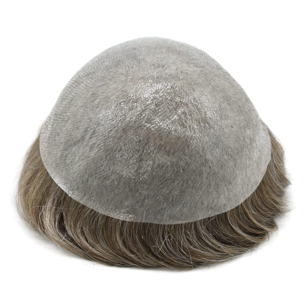 Generic Toupee For Men Hair Replacement System Ultra Thin Skin 0.06mm Mens Toupee Hairpiece V-loop European Remy Human Hair Wig Black Brown Brunette Male Hair Units 8\"x10\"#1840 Medium Blonde with 40% Gray-120% density