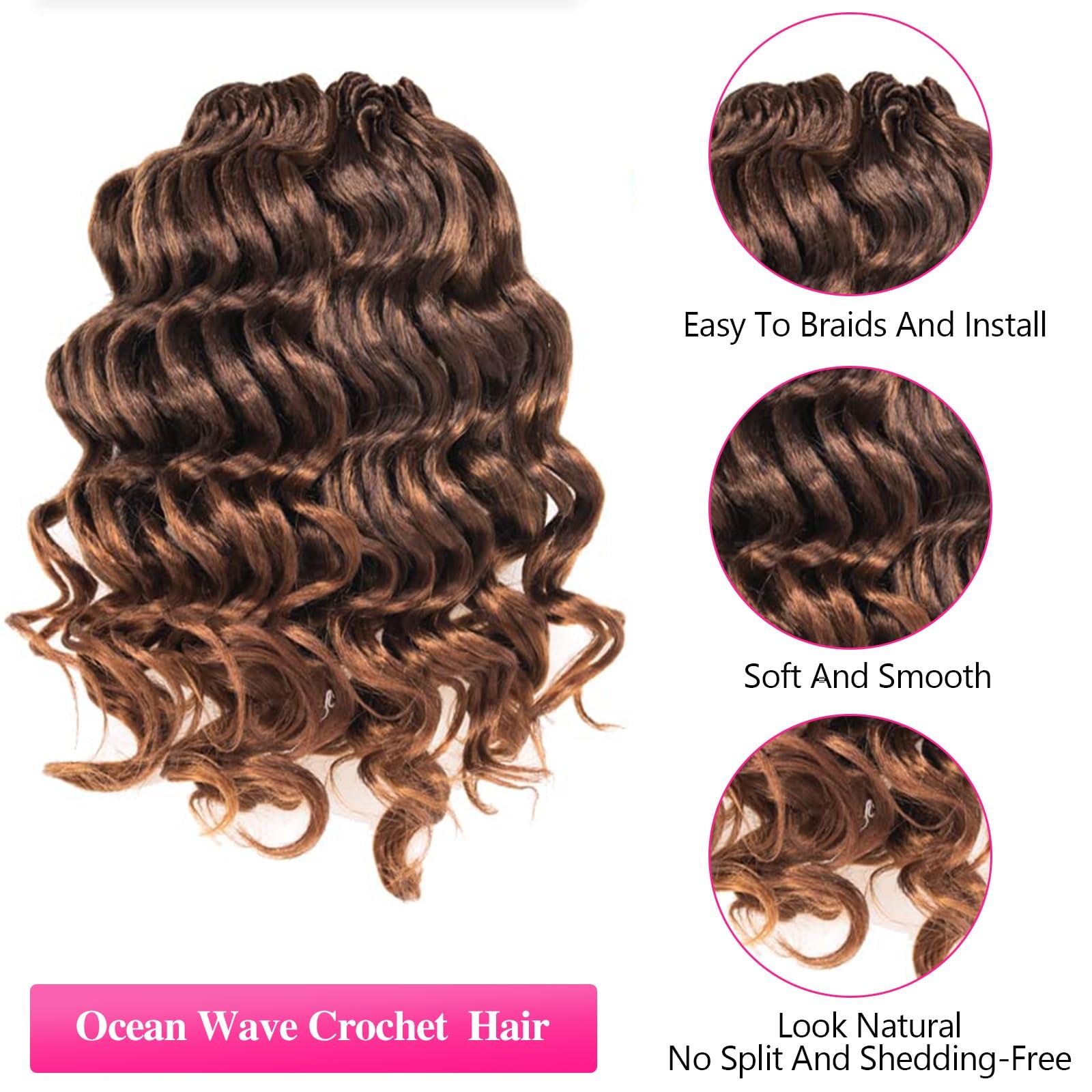 ToyoTree ToyoTree Ocean Wave Crochet Hair - 16 Inch 8 Packs Ombre Brown Mid-Length Curly Deep Wave Crochet Hair, Synthetic Ocean Wave Braiding Hair Extensions (16 Inch,T4/30-8P)
