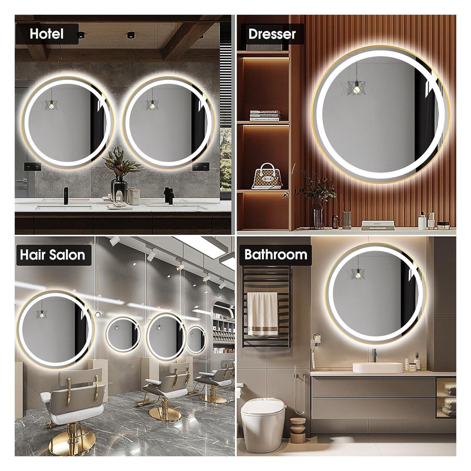 COMPR Mirror with Lights, Led Bathroom Mirror, Led Gold Frame Round Mirror, Wall Mounted Lighted Vanity Mirror, 3 Colors, Memory Function (Color : Gold, Size : 60cm)