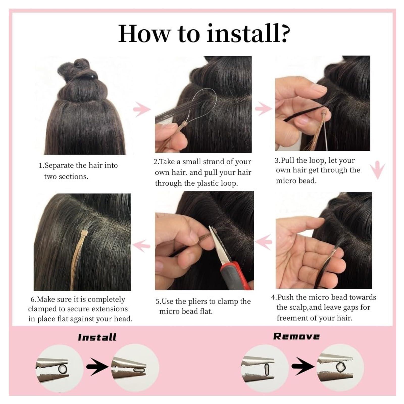 RIBONI Microlink Hair Extensions Micro Beads Hair Extensions Human Hair Micro Link Human Hair Extensions Straight Hair 100strands 24Inch Linen