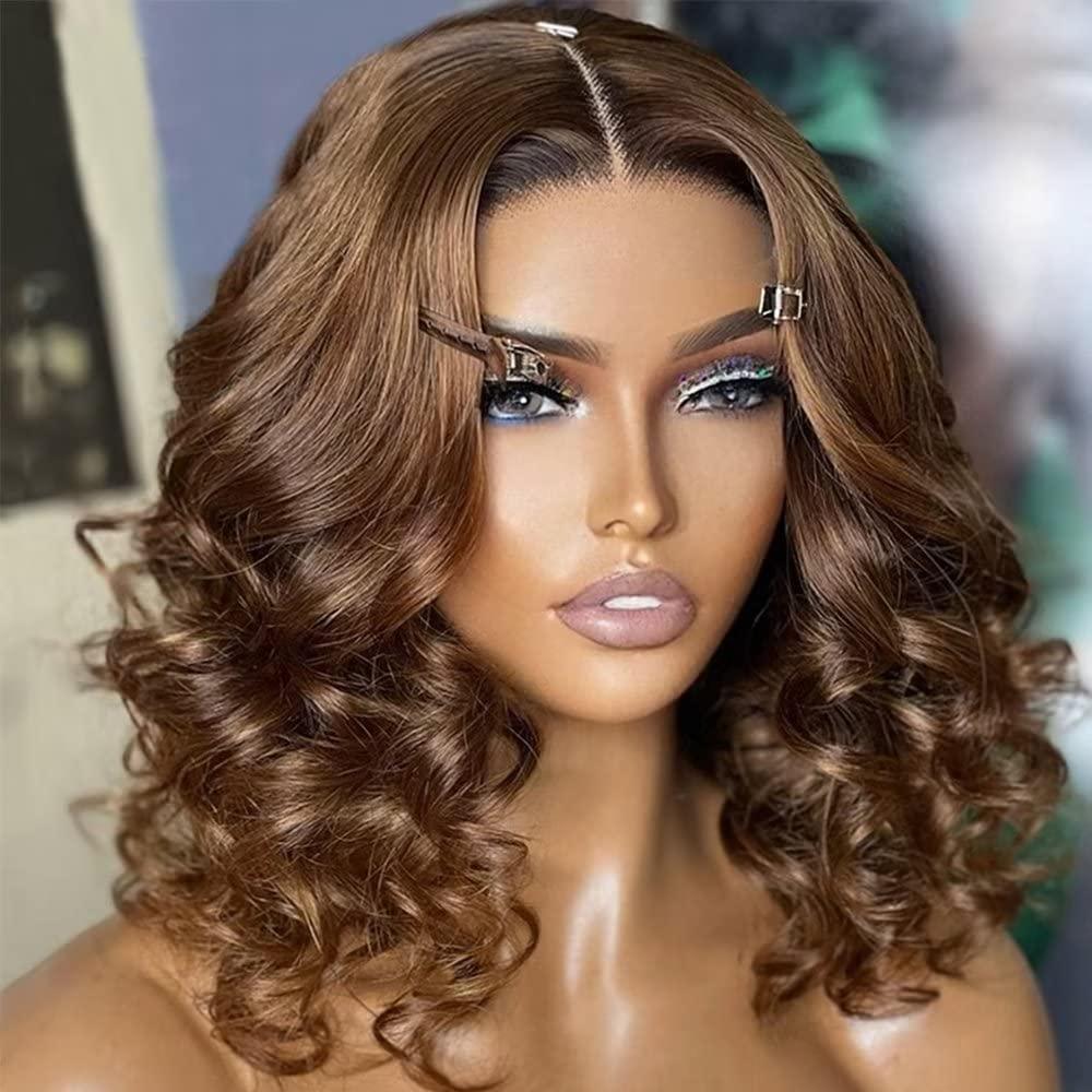 Imeya 13x6 HD Deep Part Chocolate Brown Losse Wave Lace Front Wigs Short Bob Brazilian Loose Deep Wave Virgin Invisible Lace Front Human Hair Wigs Pre Plucked With Baby Hair For Women (14 inch, Loose Wave)