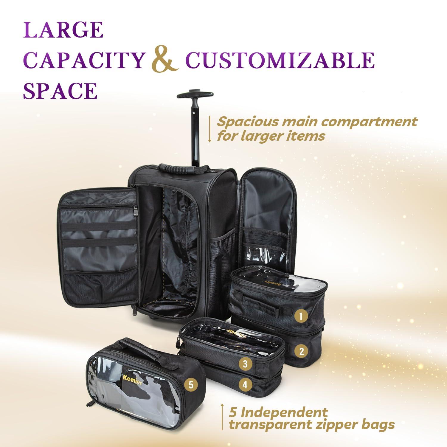 Kemier Kemier Travel Makeup Train Case - Professional Rolling Cosmetic Case Portable Artist Makeup Backpack with Wheels Large Capacity Trolley Organizer Storage Bag for Women Black