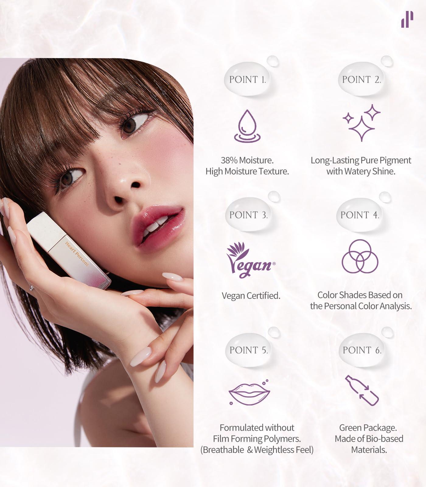 Heart Percent Heart Percent Dote On Mood Pure Glow Tint, Watery & Lightweight Moisturizing Lip Stain Long Lasting Liquid Lipstick 6.8g, 07. Fig Rose