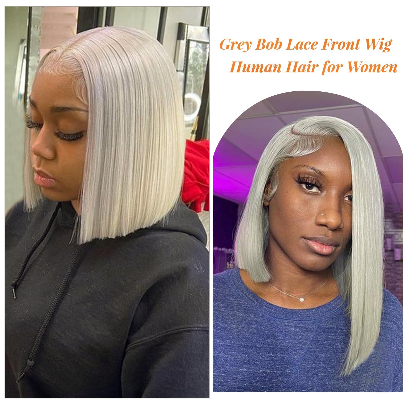 Licoville Grey Short Bob Wig Human Hair 8 Inch Glueless Real 13x4 Bob Lace Front Wigs Human Hair Full 180% Density Free Part Frontal Bob Wigs Human Hair Silver Gray Lace Front Human Hair Bob Wigs Free Part