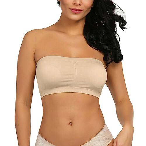 Jimmackey Neon Tube Top Plus Size Strapless Bra Bandeau Tube Removable Padded Top Stretchy Tube Tops for Women (White+Khaki, S)