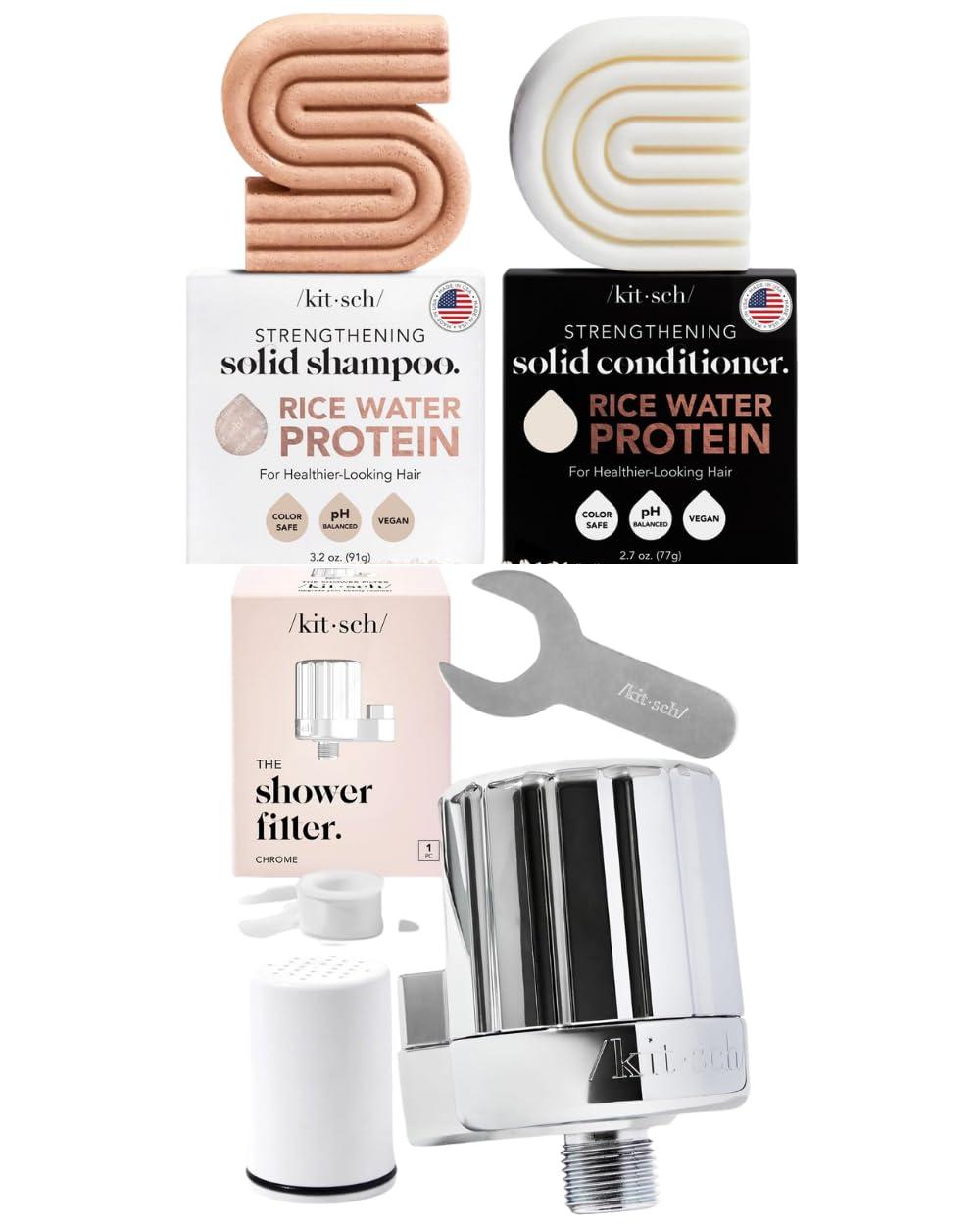 Kitsch Kitsch Rice Bar Shampoo and Conditioner Combo and Shower Filter (Chrome) Bundle with Discount