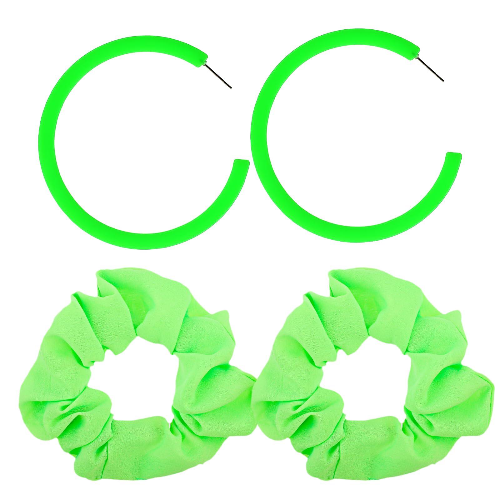 Lusofie 4 Pack 80s Neon Hair Scrunchies,Green Neon Earrings & Elastic Hair Scrunchy Set, Large Neon Scrunchies & Circle Style Earrings for Women Girl Halloween Party Decorations (Fluorescent Green)