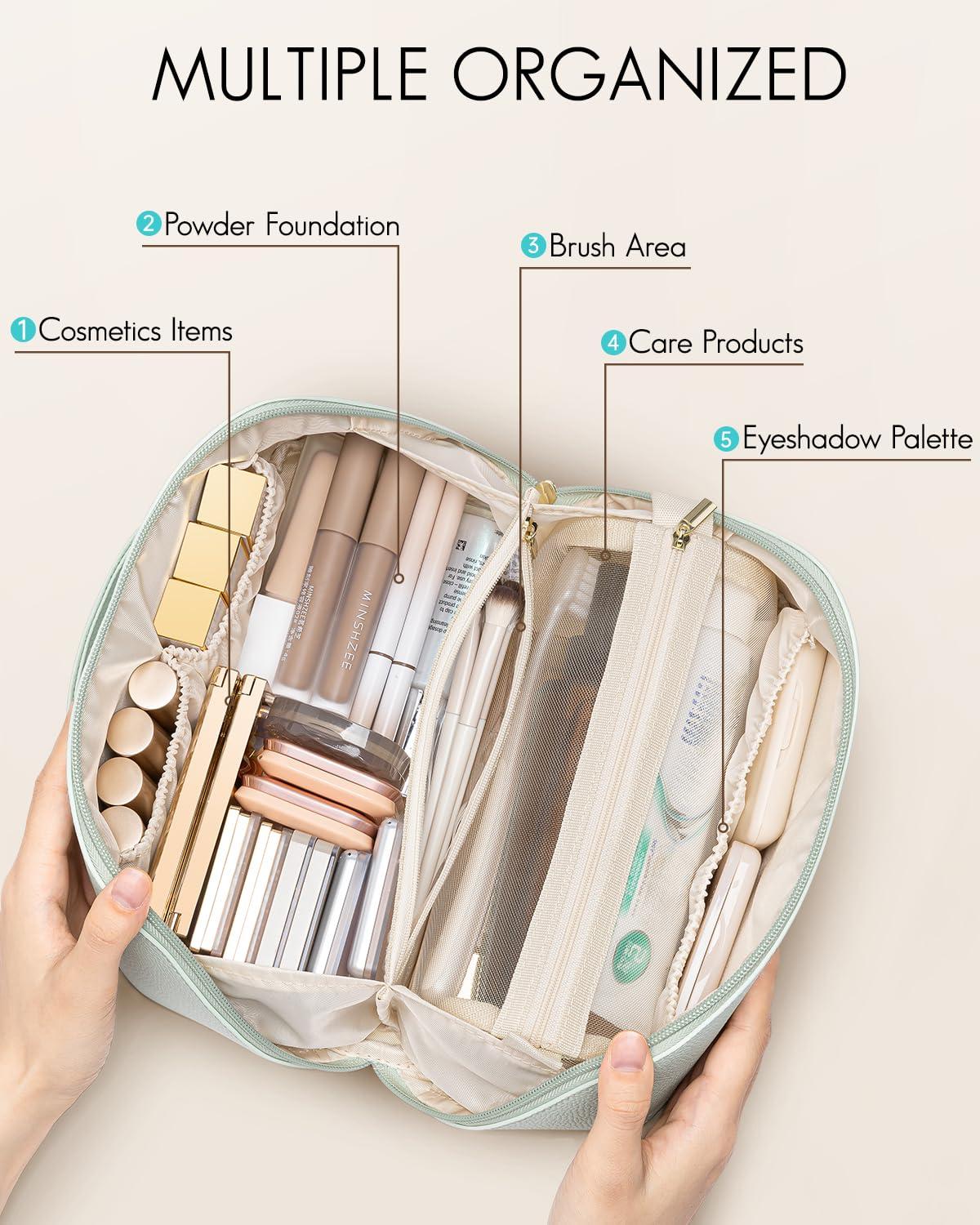 Vlando Vlando Makeup Bag,Travel Makeup Bag Waterproof Portable Cosmetic Bag PU Leather Open Flat Make up Organizer for Toiletries,Makeup Brushes Bag for Teen Girls Women(Mint Green)