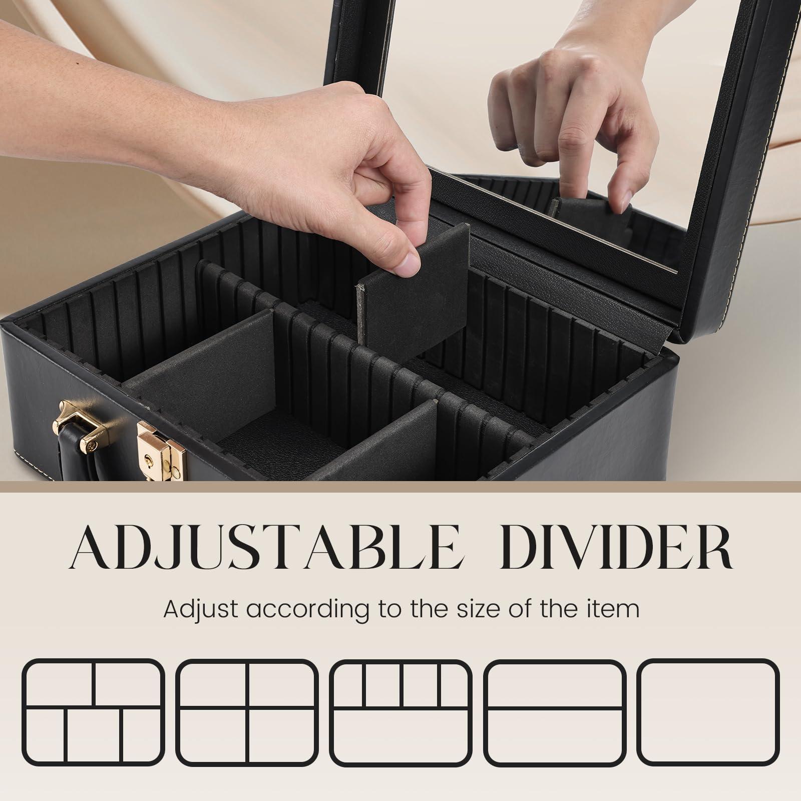 Joligrace Joligrace Travel Makeup Case, Travel Makeup Organizer Case with Mirror, Makeup Train Case Leather Portable Makeup Box Storage Bag,with Adjustable Dividers & Brush Holder (Black)