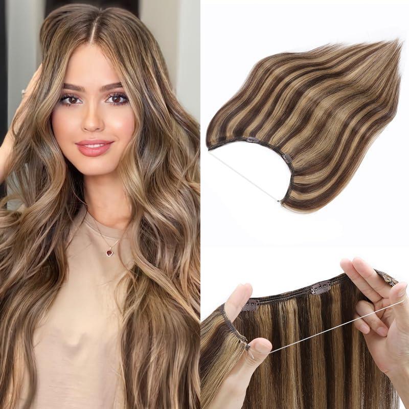 prokyvity Halo Hair Extensions Real Human Hair,Prokyvity Halo Hair Extension 100% Human Hair,Halo Extensions Real Human Hair,Human Hair Halo Extensions,4P27 Medium Brown Mixed Dark Blonde 20inch