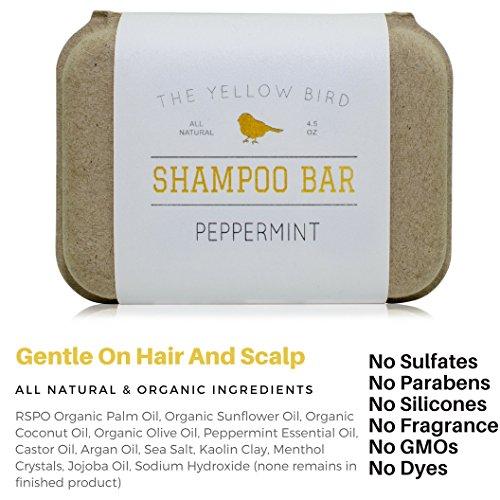 The Yellow Bird The Yellow Bird Peppermint Shampoo Bar Soap. Sulfate Free. Natural and Organic Ingredients. Anti Dandruff, Itchy Scalp, Psoriasis. Includes Conditioning Argan and Jojoba Oils.