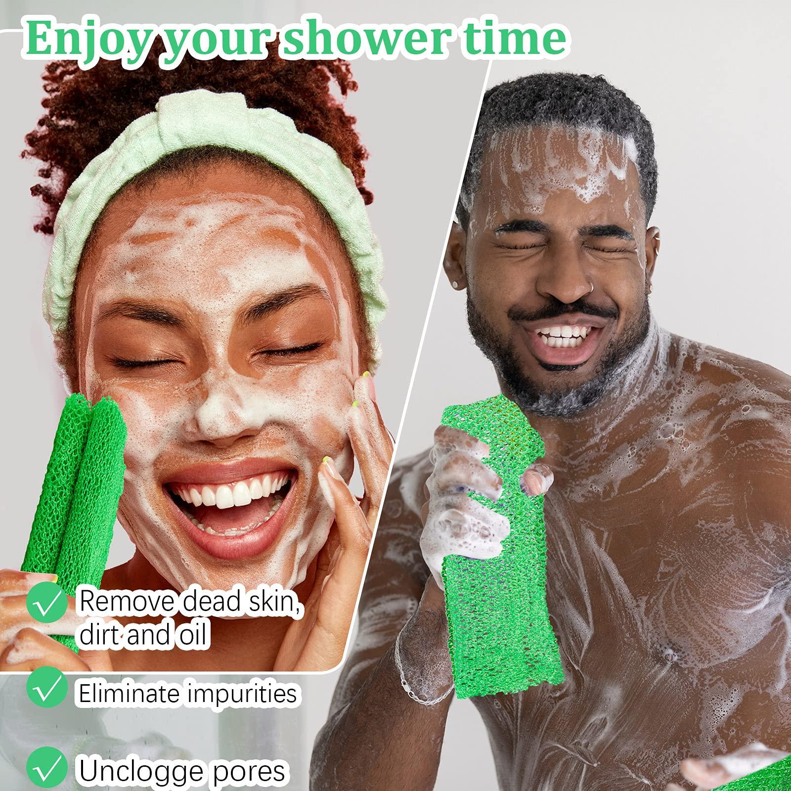 Boao 4 Pieces African Net Bath Sponge African Exfoliating Long Net Sponge Exfoliating Shower Body Scrubber Skin Smoother for Daily Use(Green, 25.6 x 7.9 inch)