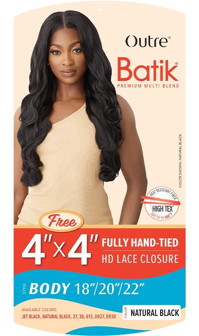 Outre Outre Batik Fully Hand-Tied HD Lace Closure Yaki Wavy Style Multi-Blend Synthetic Hair Weaves - BODY 18\" 20\" 22\" + 4x4 HD LC (NBLK)