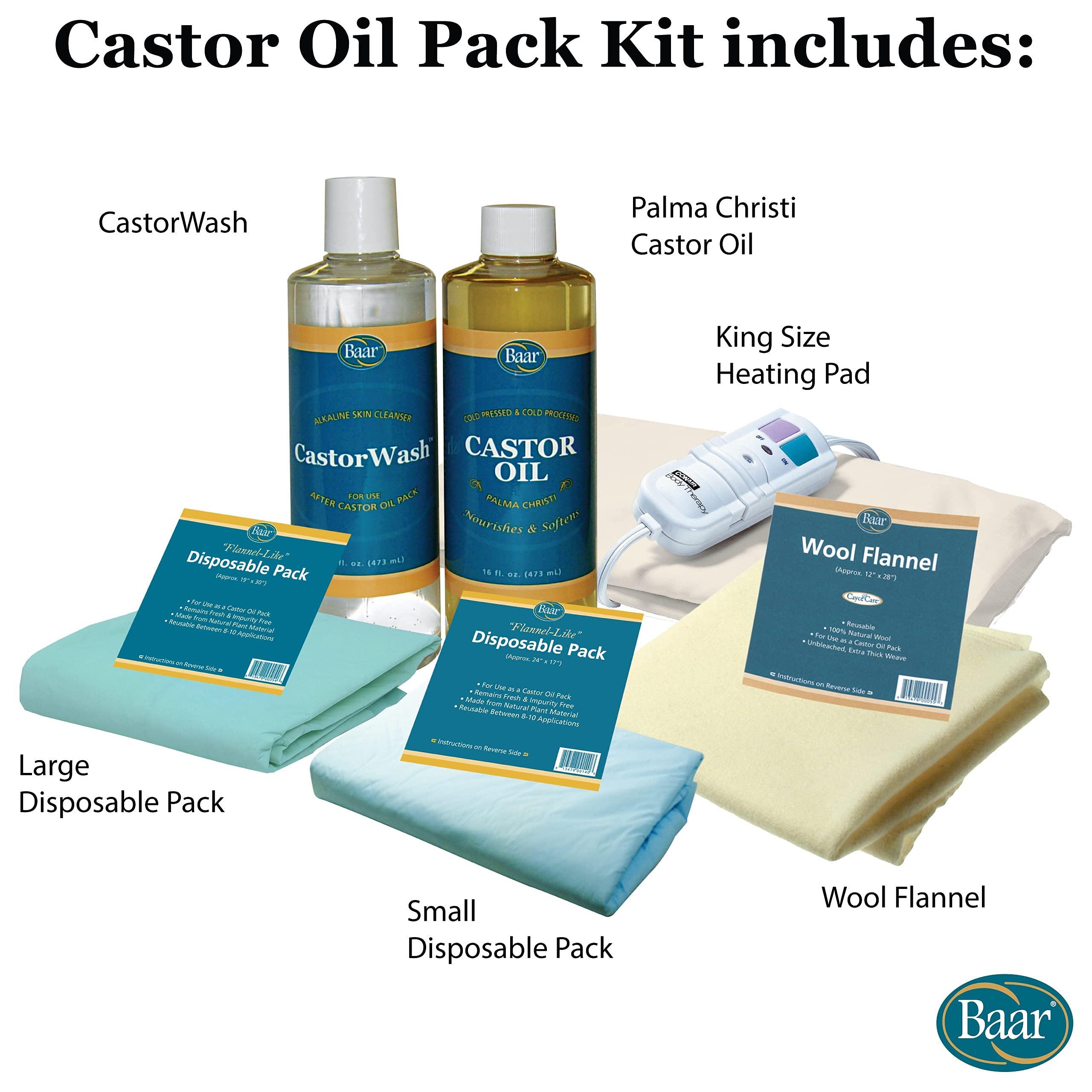 Baar Baar Castor Oil Packs Kit: Heating Pad with Auto Shut Off; Cold Pressed, Cold Processed, Hexane Free, Palma Christi Castor Oil; Reusable, Unbleached Wool Flannel Cloth; & Disposable Castor Oil Packs