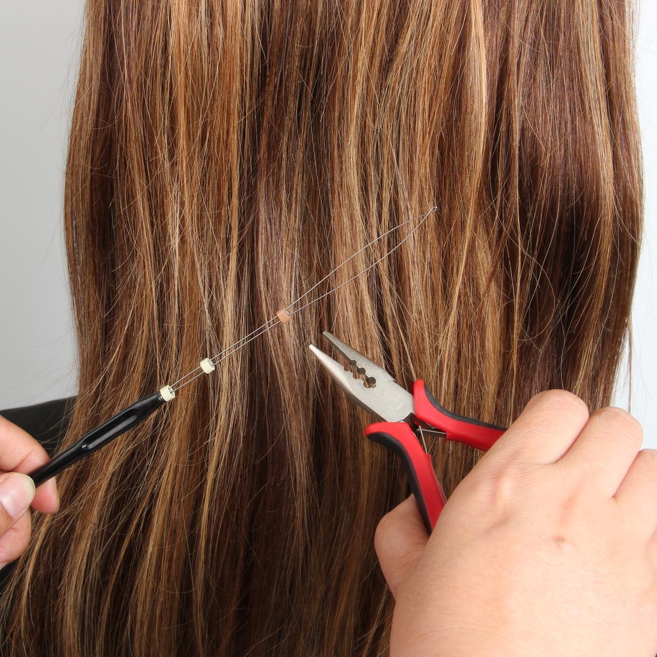 FeiHong 10 Pcs Hair Extension Loop Needle Threader, Wire Pulling Hook Tool and Bead Device Micro Links Kit for Hair and Feather Extensions