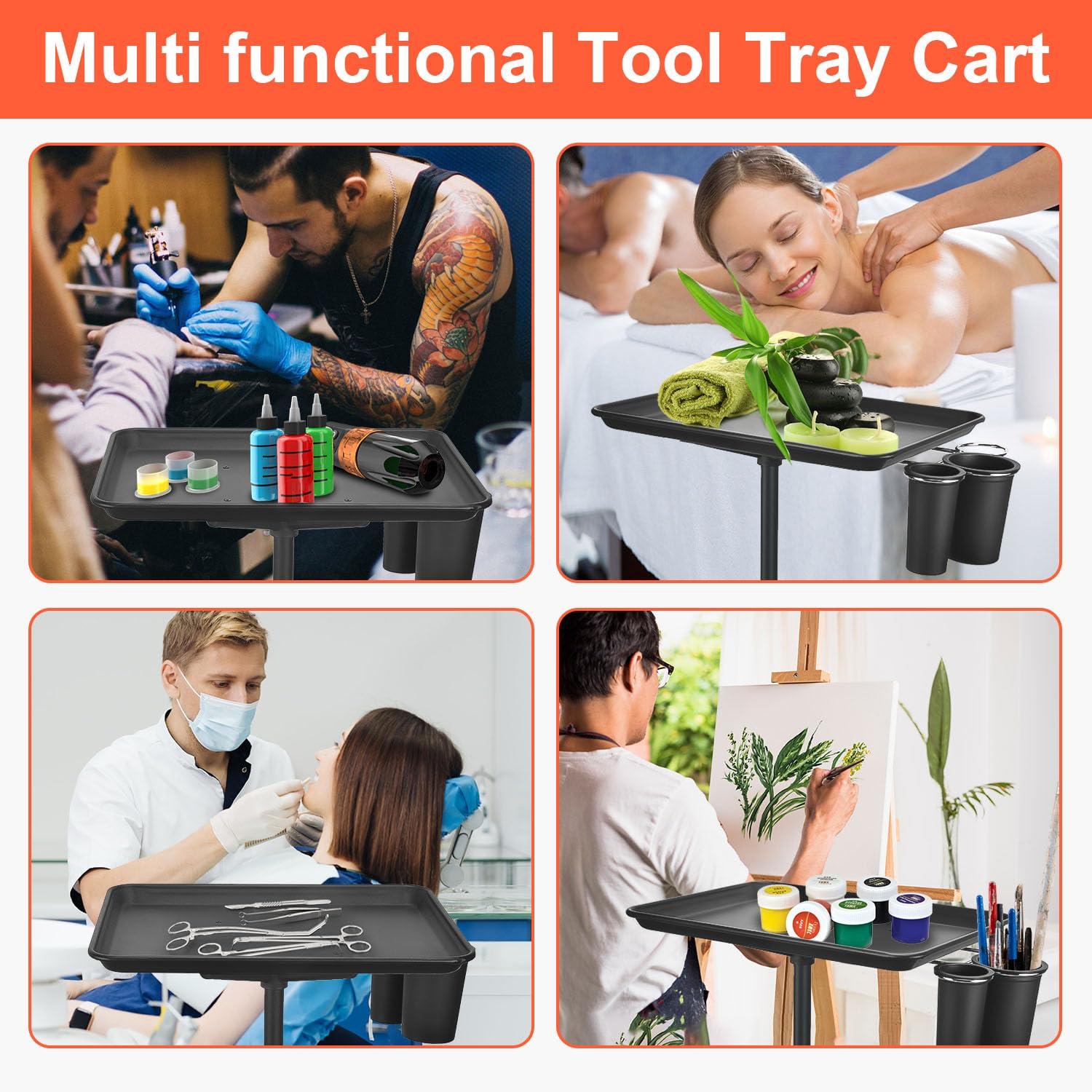 LWADALN Salon Tray Cart, Metal Tattoo Tray with Tool Holder, Service Rolling Tray Adjustable Height, Storage Tray Trolley for Salon Spa Dental Use, Rolling Tray Cart