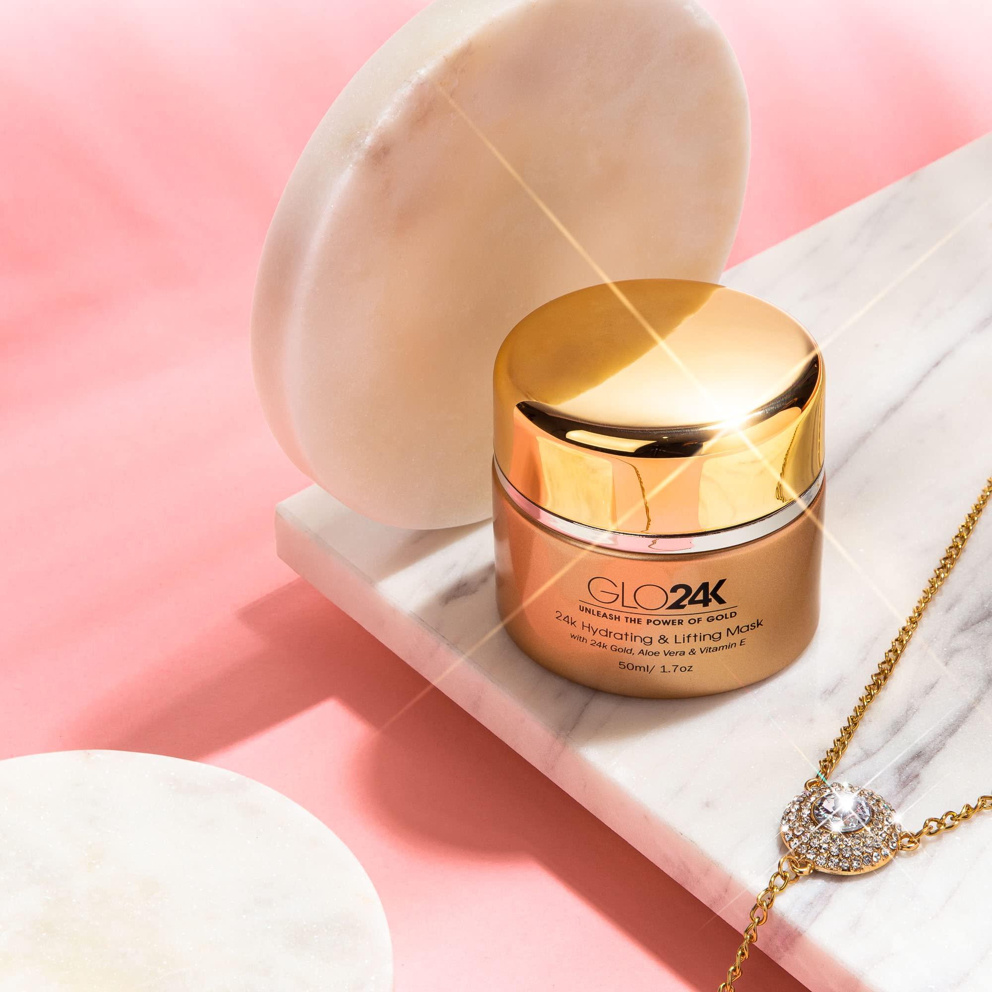 GLO24K UNLEASH THE POWER OF GOLD GLO24K Hydrating and Lifting Mask with 24k Gold, Aloe Vera, Peptides, and Vitamins. For Hydration Boost and Lifting Effect that Generates a Glowing, Radiant Complexion and Silky-Smooth Skin.