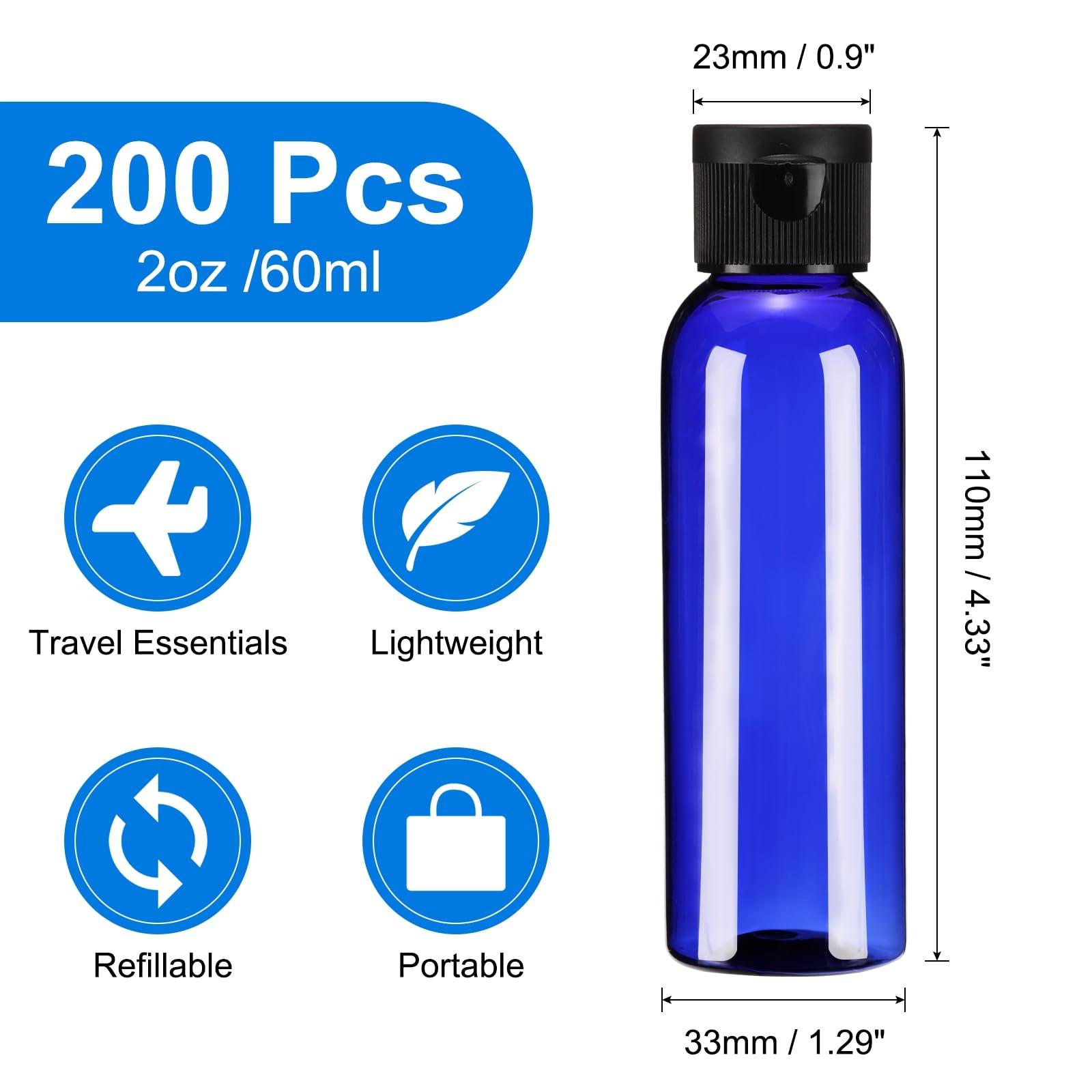 uxcell uxcell 2 Oz Plastic Bottles with Flip Caps, 200 Pcs Reusable Travel Size Containers with Lids Plastic Squeeze Refillable Dispensing Bottles for Shampoo, Body Soap, Toner(Blue Black)