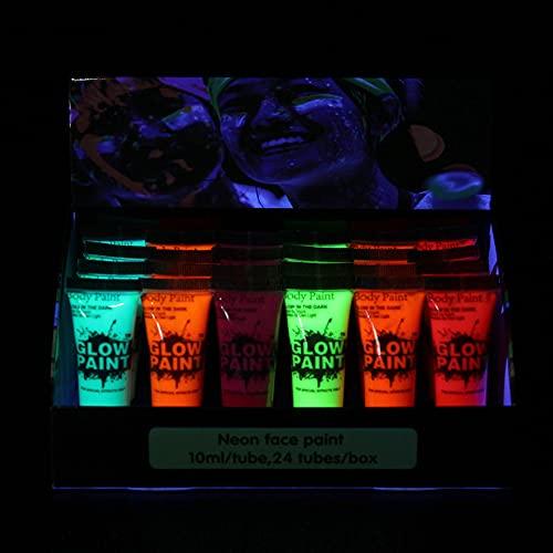 Entweg Glow in The Dark Body Paint,Entweg 24 Tubes 10Ml/0.34Oz Art Body Paint Glow in Uv Light Face & Body Paint with 6 Colors Glow Blacklight Neon Fluorescent for Party Clubbing Festival Halloween Makeup