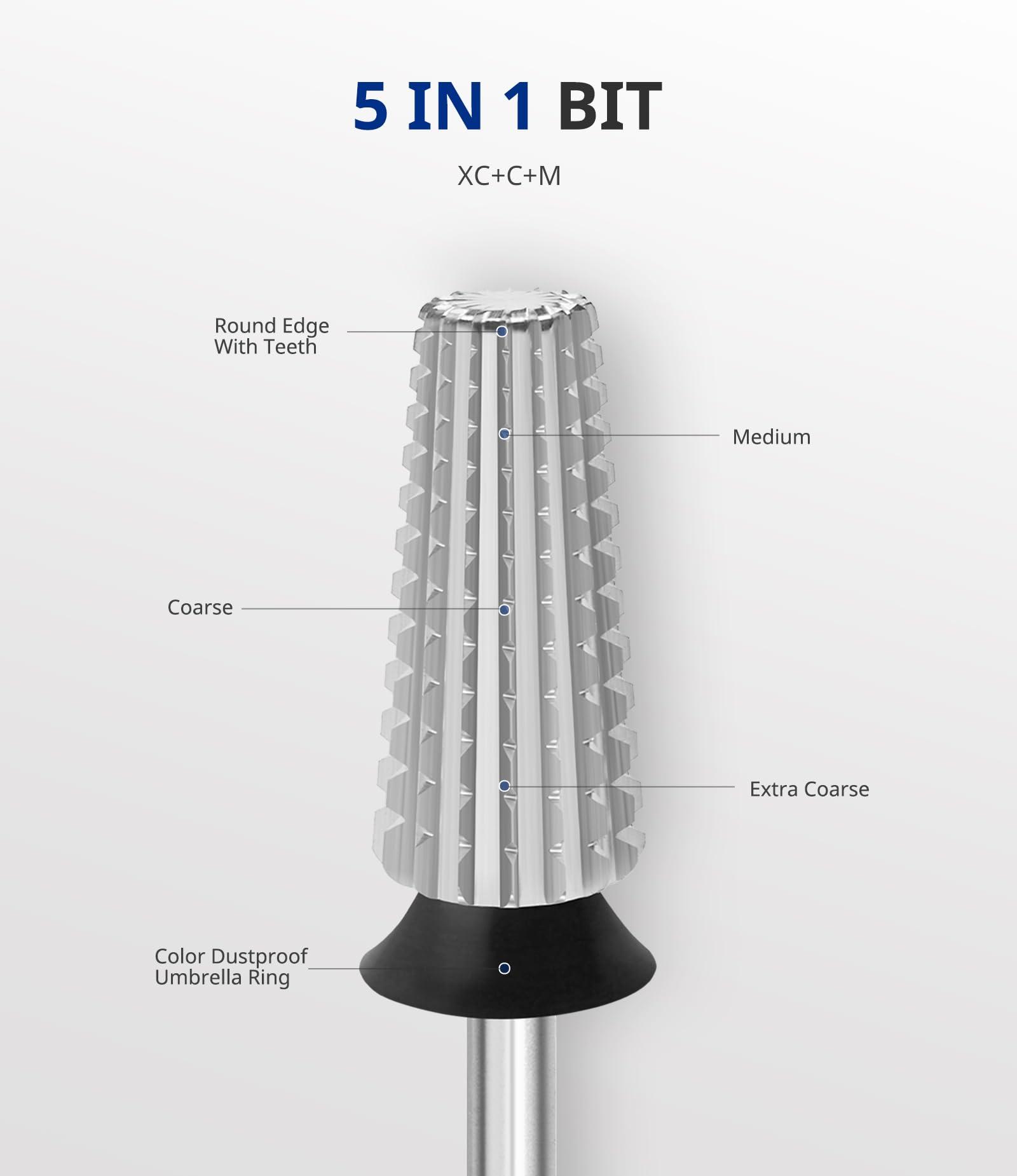 AIRSEE AIRSEE Rechargeable 30000RPM Electric Nail Drill E8 Black & AIRSEE Tungsten Carbide 5 in 1 Acrylic Nail Drill Bit Coarse-XC+C+M