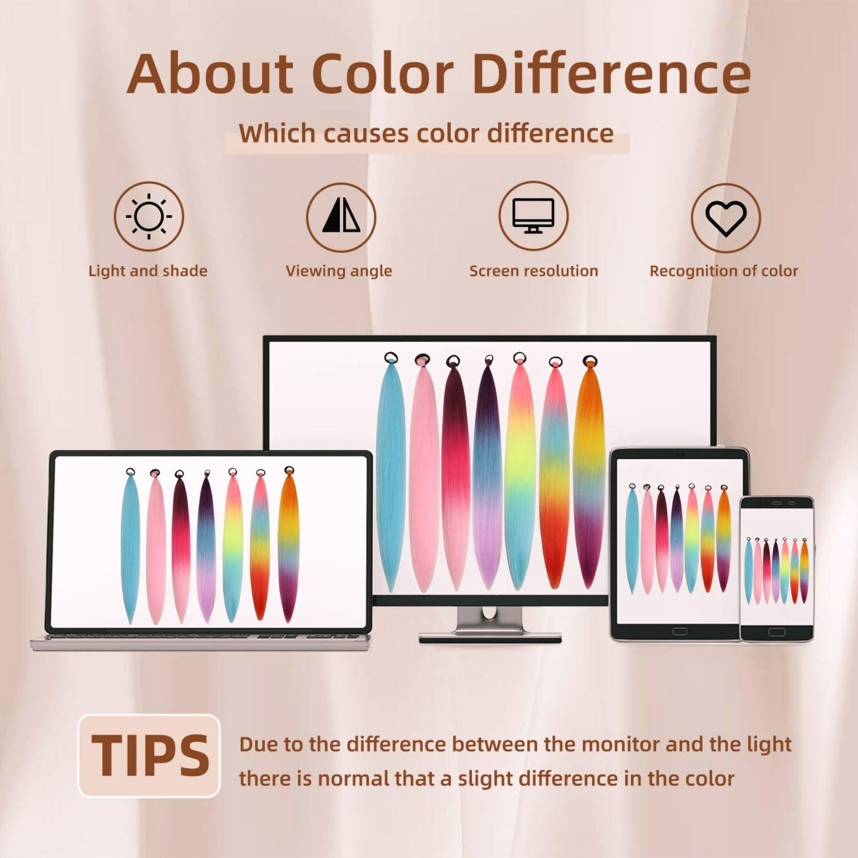 Gozill Rainbow Hair Extensions for Rave Box Braids Straight Synthetic Braid Ponytail Extensions with Elastic Tie for Party Festival (26Inch, Pack of 2)