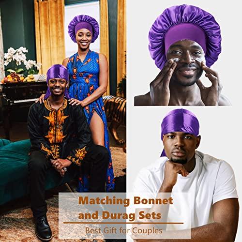 Himoswis Silk Bonnet for Men,Sleeping Bonnet for Curly Hair Men,Hair Bonnet Men for Sleeping,Matching Bonnets and Durags Set E-Purple