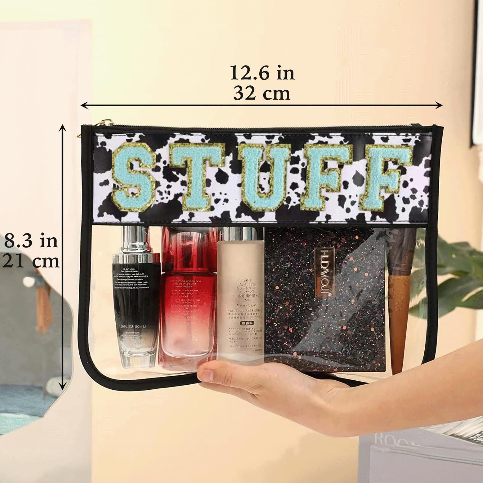 LOTUSTAR LOTUSTAR Clear Makeup Letter Patch Bag Travel Toiletry Bag Clear Cosmetic Bags Stuff Snacks Pouch for Gym Stadium Beach (Cow,Stuff)