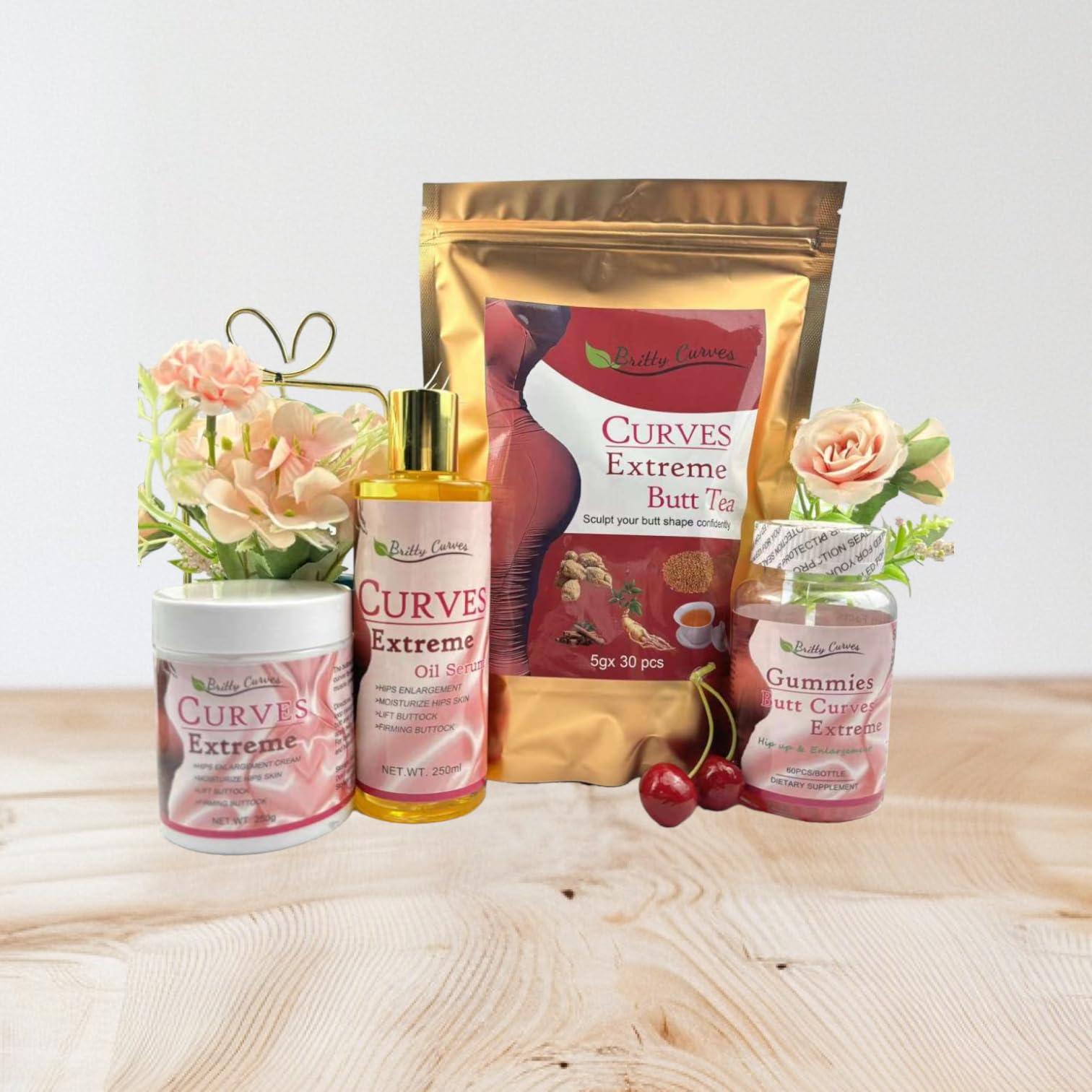 Generic Brittycurves Extreme Butt Enhancement Set, Hip and Buttock Enlargement, 30 Tea Bags, Oil Serum 8.5 fl oz, Gummies and cream