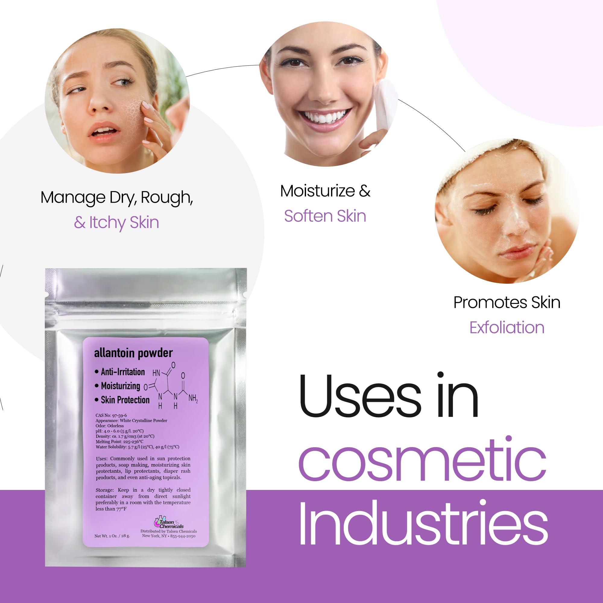 Talsen Chemicals Allantoin Powder Cosmetic Grade 1 Oz / 28 Grams - Organic Allintoin for DIY Emulsion Cream Lotion Skin Care - Hydrates & Promotes Exfoliating Dry Skin Ideal for Skincare by Talsen Chemicals