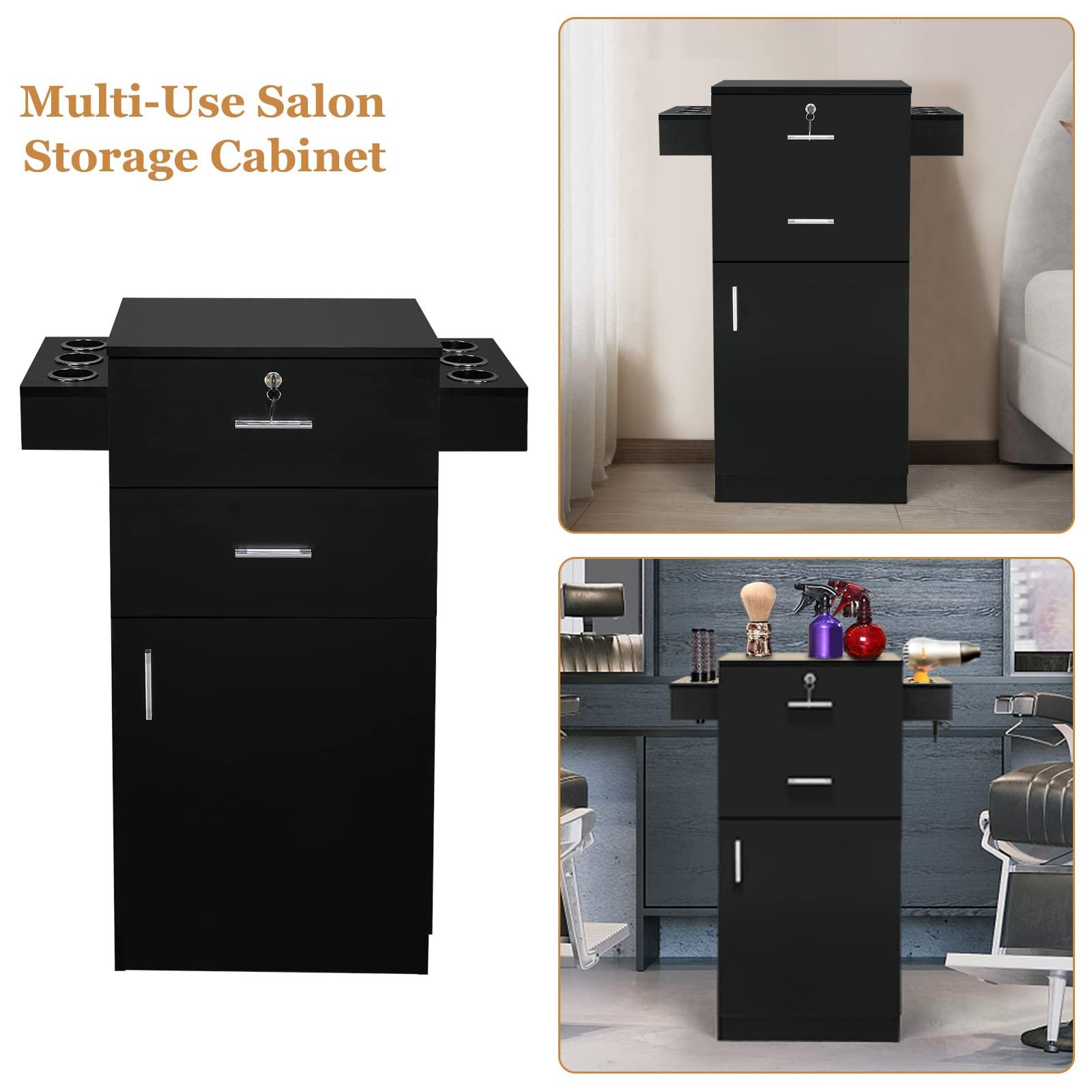 OmySalon OmySalon Salon Stations for Hair Stylist, Beauty Salon Storage Cabinet, Hair Styling Equipement Set with a Large Storage Cabinet, 2 Drawers and 6 Hair Dryer Holders, Black