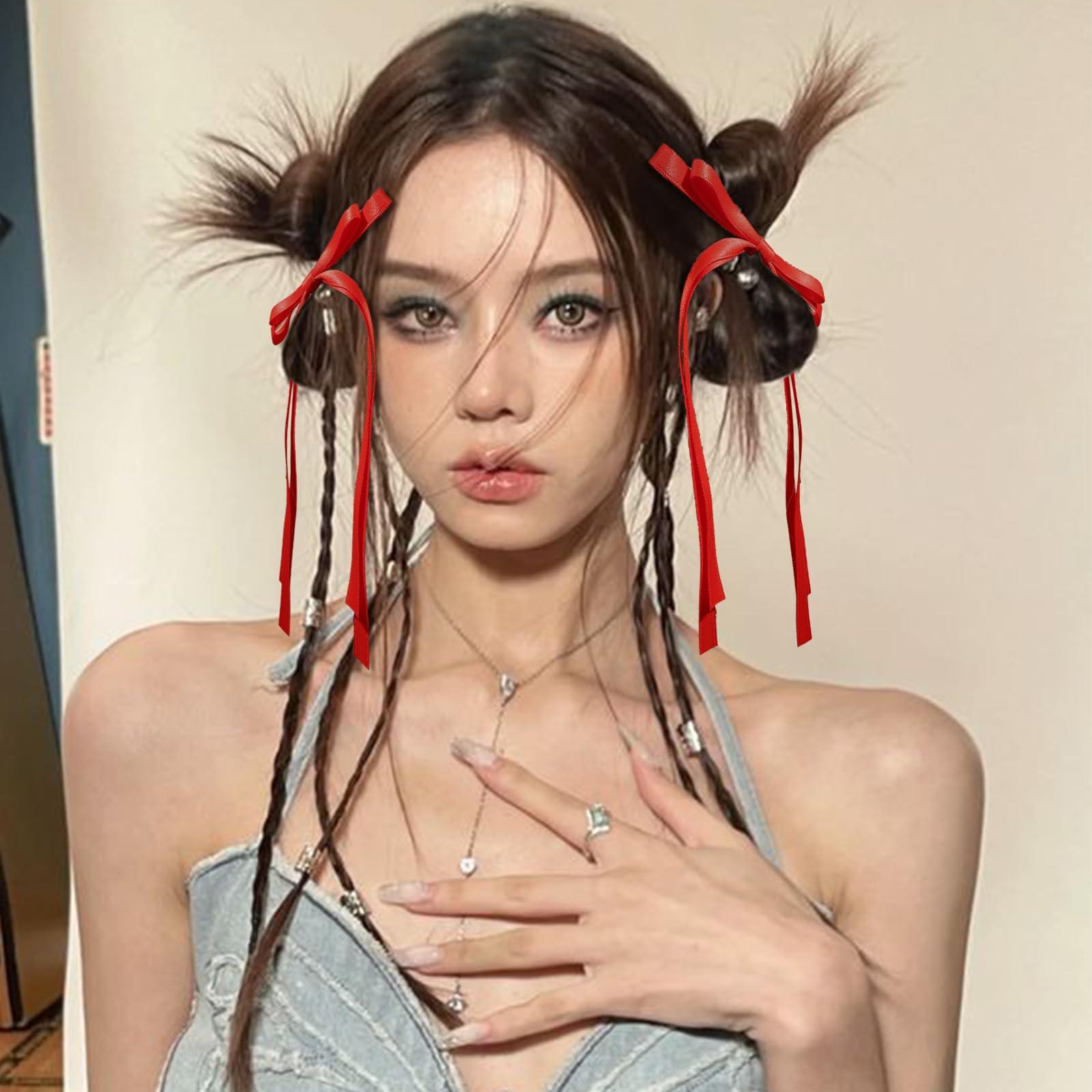 TOKUFAGU 20PCS Red Hair Bows for Women, Hair Ribbons for Girls Hair, 12PCS Long Tassel Bowknot Ponytail Holder and 8PCS Short Tail Hair Clips, Solid Silky Hair Barrettes Satin Hair Accessories