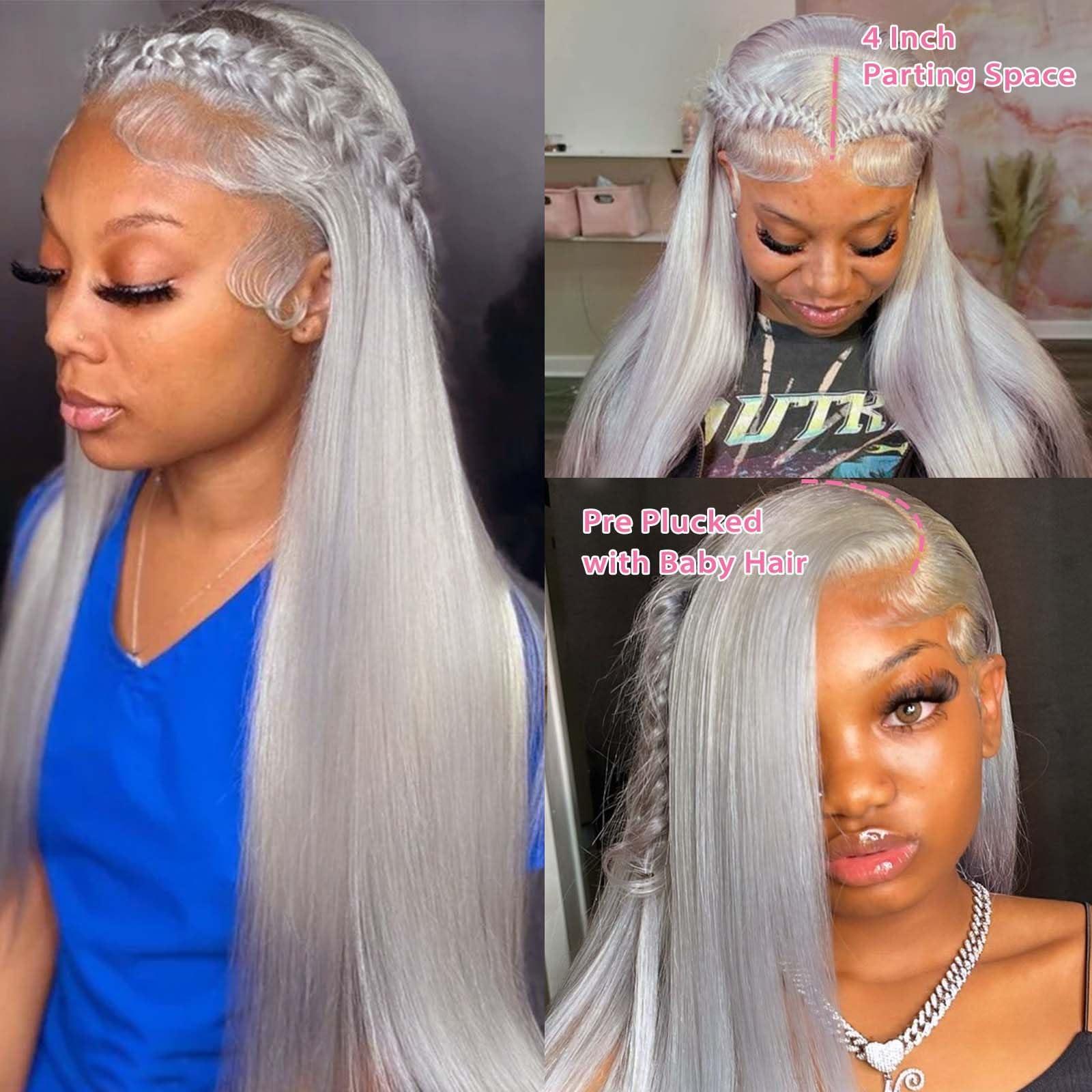 Licoville Grey Human Hair Lace Front Wigs for Women Free Part 13x4 HD Transparent Grey Lace Front Wig Human Hair Pre Plucked Straight Long 28 Inch Gray Lace Front Wigs Human Hair Silver Gray Wig 180% Density