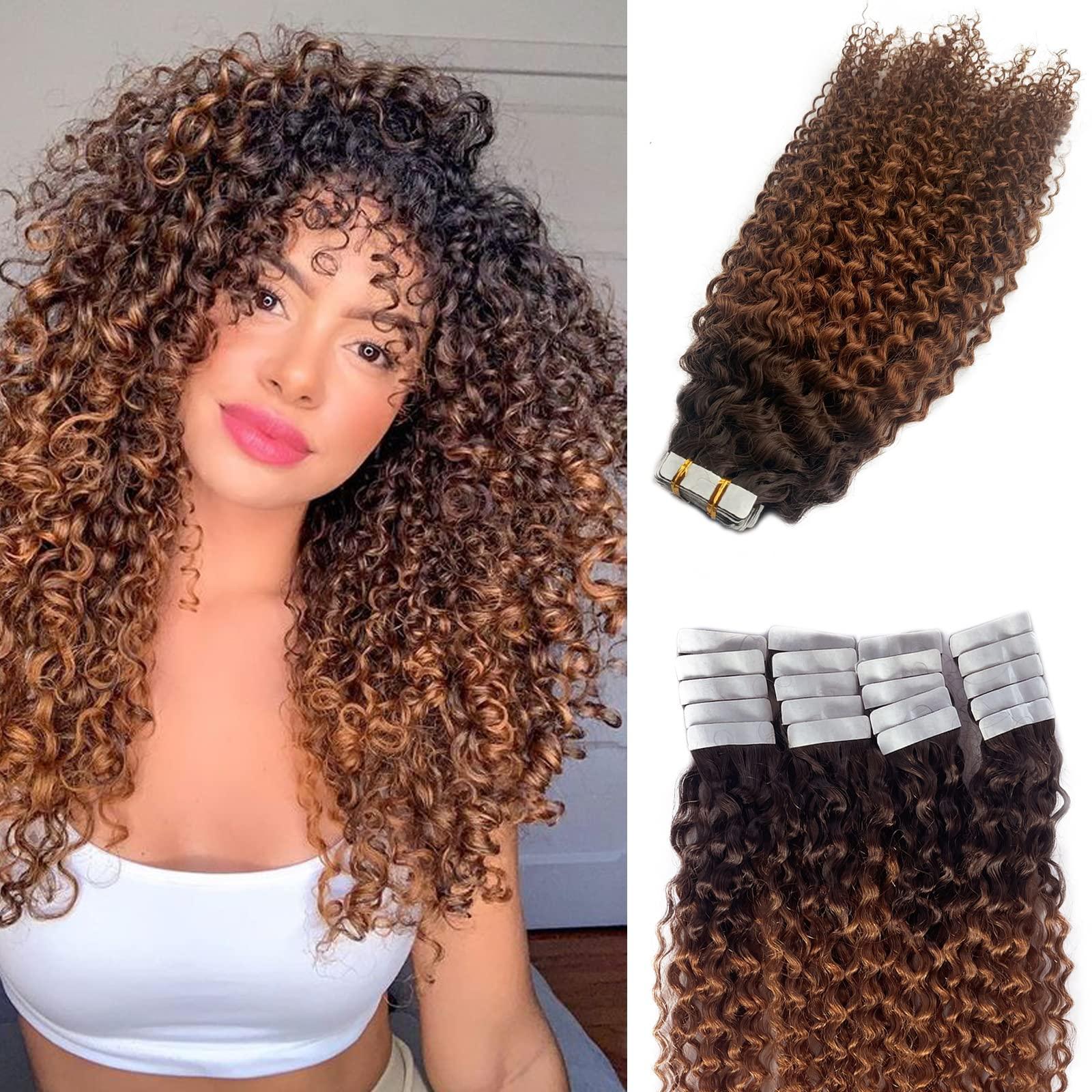 Valiilo Remy Tape in Extensions Curly Human Hair Extensions 20 Pieces 50 Gram for Women, Jerry Curly Tape in Human Hair Extensions Real Human Hair Brown to Medium Auburn Tape on Extensions 24 Inch