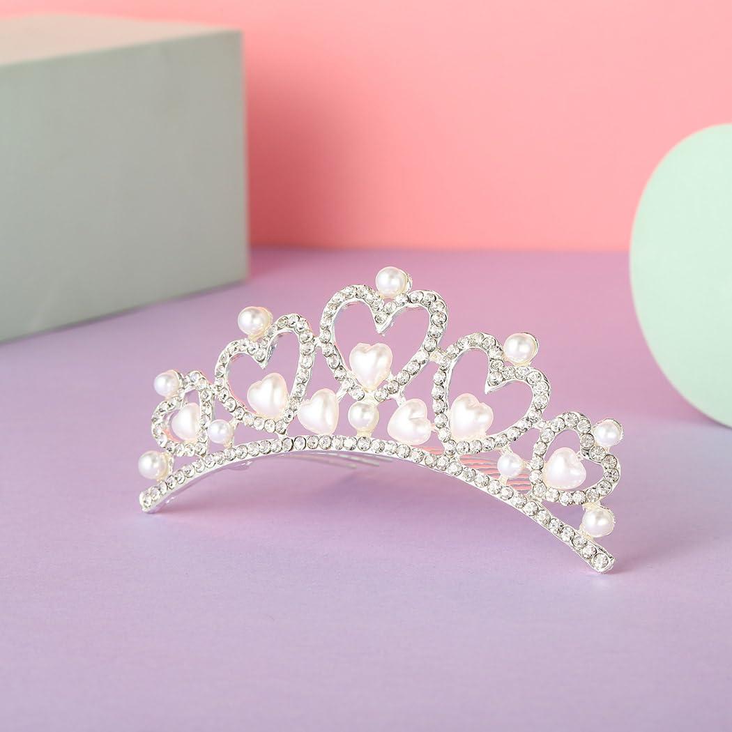 Kilshye Kilshye Princess Tiara Comb Pearl Heart Crown Combs Silver Rhinestones Hair Piece Bride Costume Hair Accessories for Women and Girls