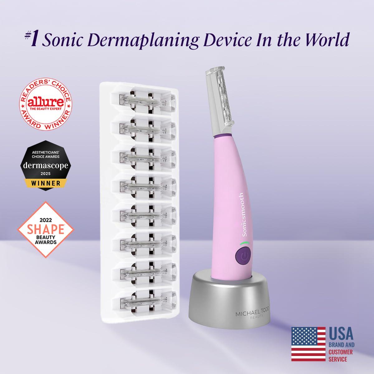 MICHAEL TODD BEAUTY MICHAEL TODD Beauty - Sonicsmooth  SONIC Technology Dermaplaning Tool - 2 in 1 Womens Facial Exfoliation & Peach Fuzz Hair Removal System with 8 Weeks of Dermaplaning Blades