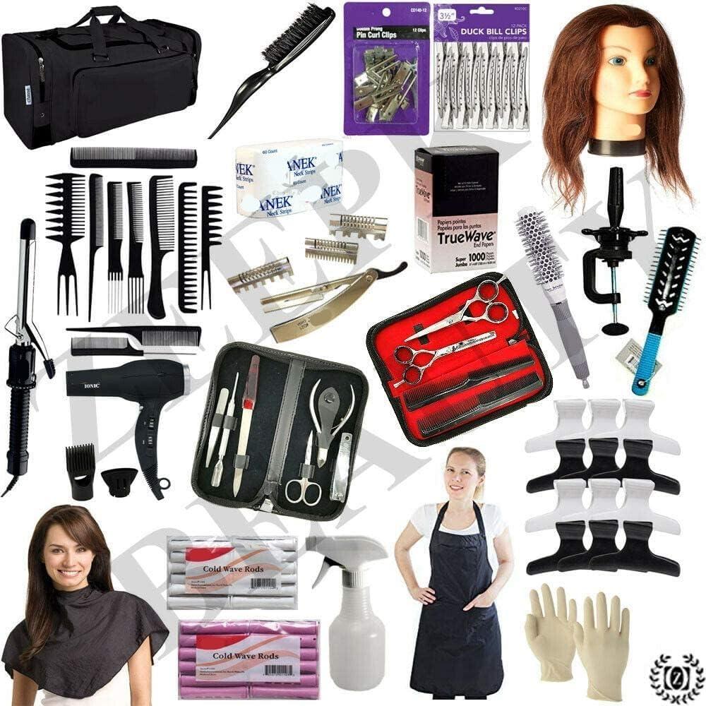 ZEEPK Professional 24 PCS Cosmetology Kit Hair School, Barbershop Beauty Salon Approved Use! 10 Piece Comb Set, Butterfly Clips, Flex Rods, Mannequin Head w/Stand! Hair Brushes! Neck Wraps!