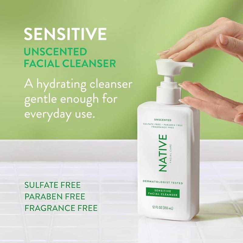 Native Native Sensitive Face Wash, Spa Day Every Day Facial Cleanswer (2 Pack) | Daily Face Cleanerwith Aloe and Vitamin B3, Unscented, 12 fl oz