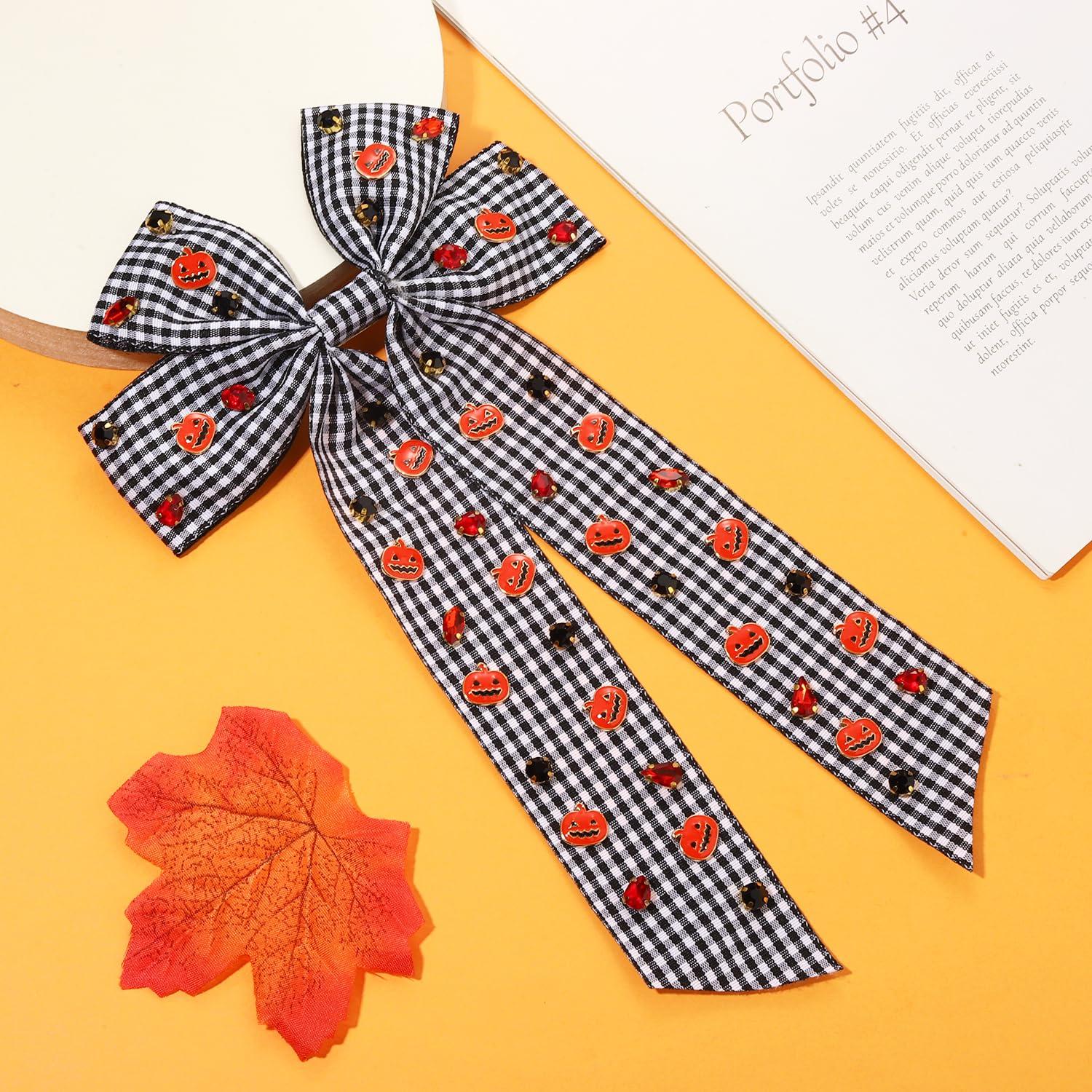 YAHPERN Halloween Hair Bows for Women Spooky Pumpkin Hair Bow Clips Jeweled Large Hair Bows Silky Satin Black Hair Ribbons Halloween Hair Clips Halloween Accessories Costume Outfits