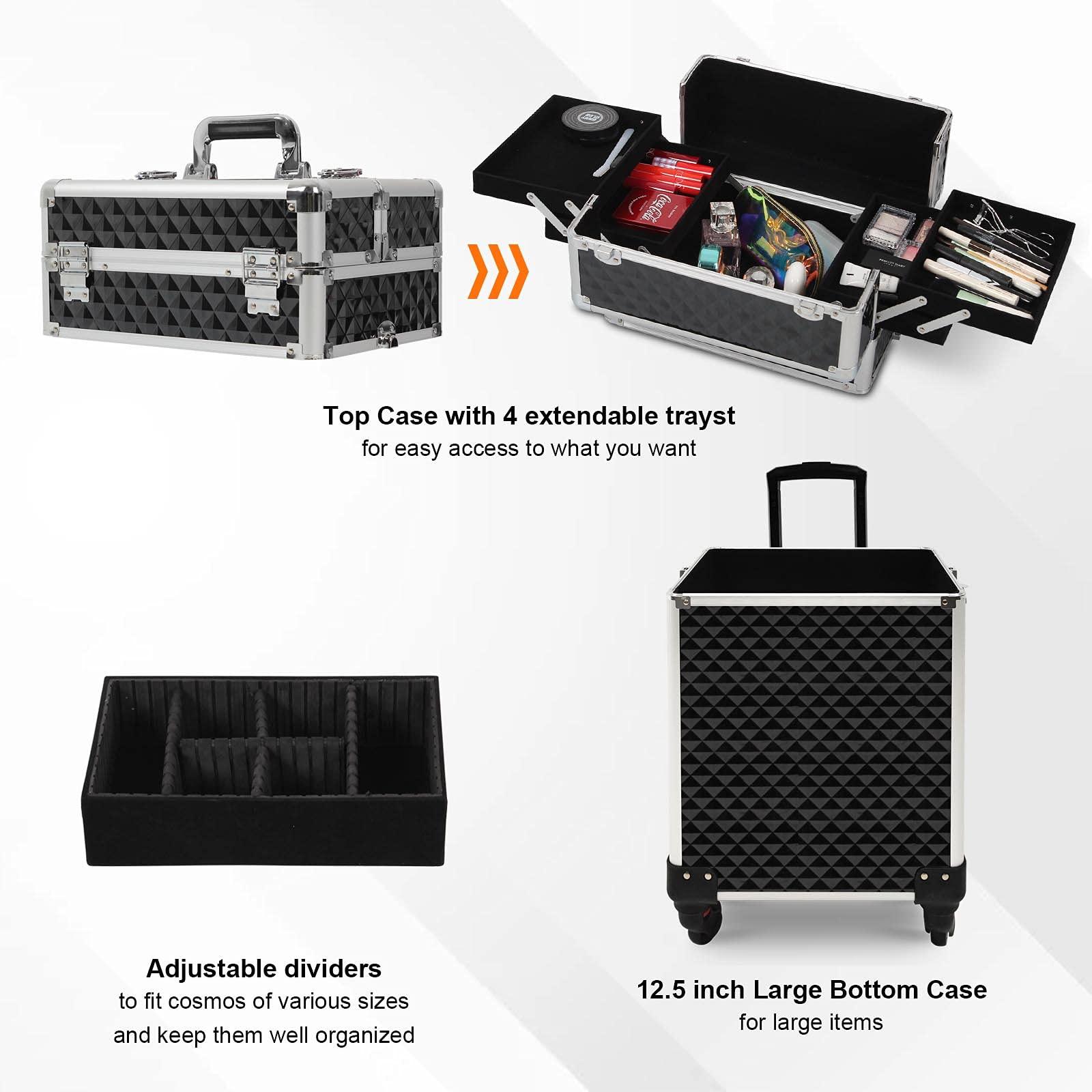 Ochine 4 in 1 Makeup Case Aluminum Cosmetic Case Rolling Train Case Professional Makeup Train Case Large Capacity Trolley Makeup Travel Case Beauty Storage with Folding Trays and Large Compartments
