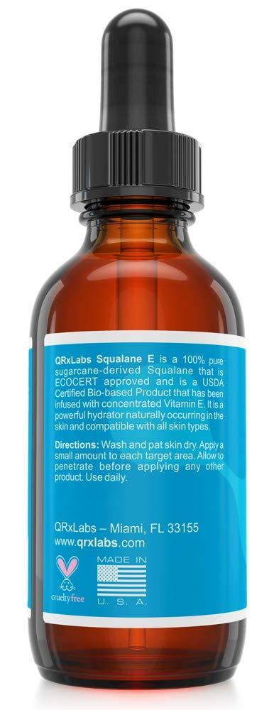 QRxLabs QRxLabs Pure Plant-Based Squalane Oil with Vitamin E (2 oz) - Organic ECOCERT/USDA Certified Squalane from Sugarcane - Moisturizer for Face, Body, Skin & Hair