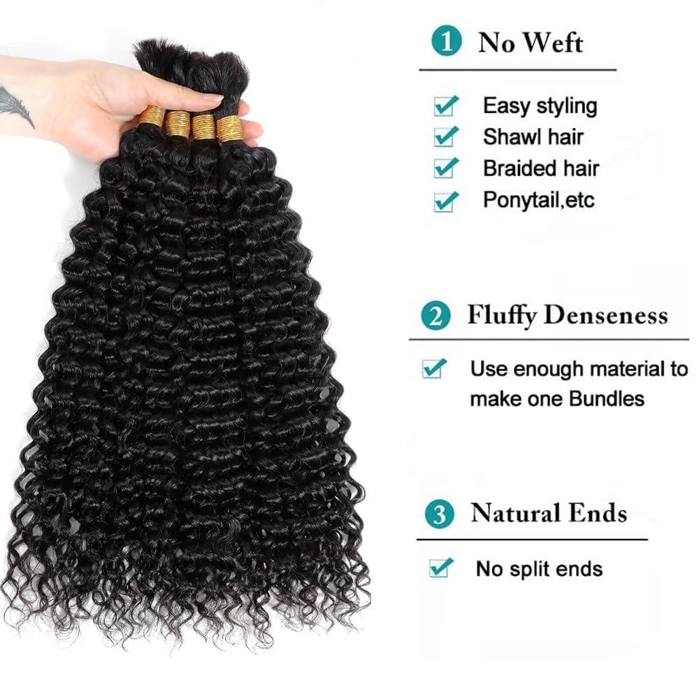 Caijuxing Human Braiding Hair 3 Bundle 150g Deep Wave Bulk Human Hair for Braiding No Weft 100% Brazilian Virgin Human Hair Extensions Bulk Curly Human Hair for Boho Braids Natural Black (26 26 26/150g)