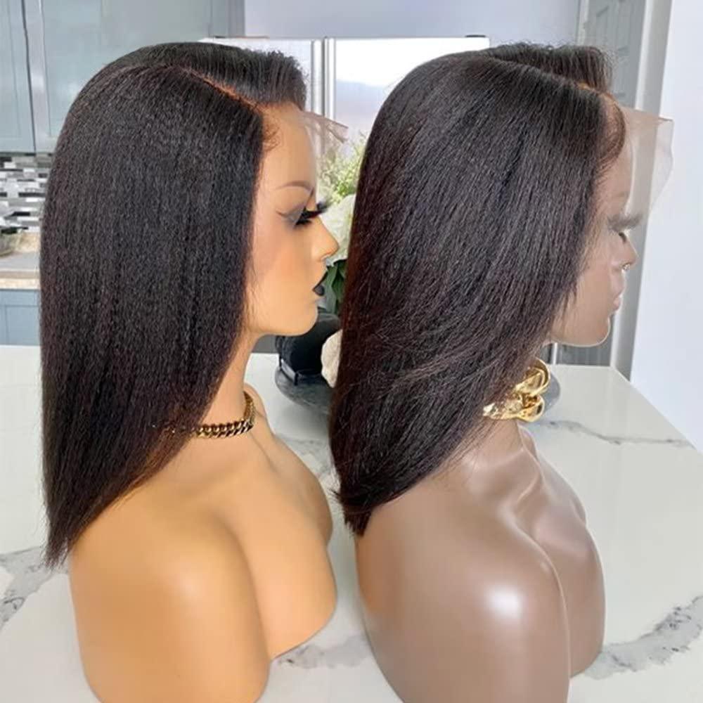 oulaer Brazilain Kinky Straight Human Hair Wigs For Black Women 13x6 Yaki Straight HD Transparent Lace Front Human Hair Wig Glueless Natural Hairline Pre Plucked Short Bob Wig 150% Density 8Inch
