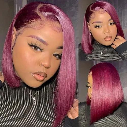 oulaer Burgundy Bob Wig Human Hair 13x4 Side Part Red Bob Lace Front Wig Human Hair for Women 150% Density Pre Plucked for Women Brazilian Remy Hair with Baby Hair 12Inch