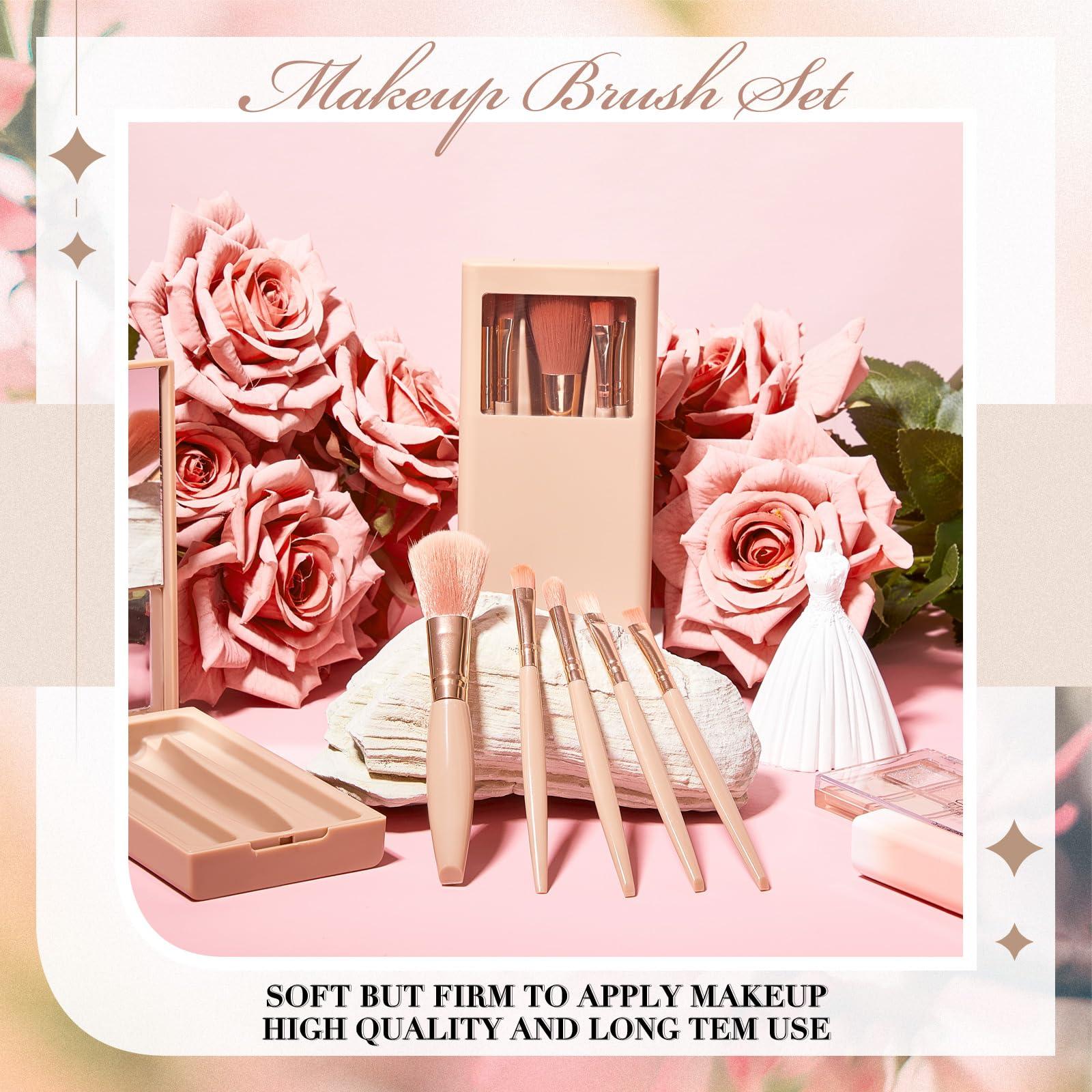 FoldTier 6 Sets 30 Pcs Travel Makeup Brush Set Mini Makeup Brushes with Hard Case and Mirror Small Complete Function Cosmetic Brushes Kit, Travel Essentials Kits for Women, Girls Gift(Apricot Color)